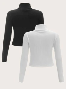 SHEIN EZwear 2pcs High Neck Rib Knit Tee - Black and White - View 2