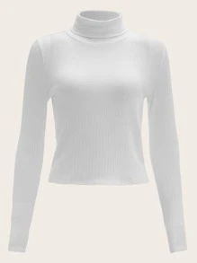 SHEIN EZwear 2pcs High Neck Rib Knit Tee - Black and White - View 5