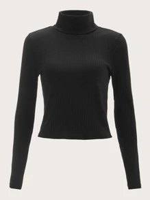 SHEIN EZwear 2pcs High Neck Rib Knit Tee - Black and White - View 6