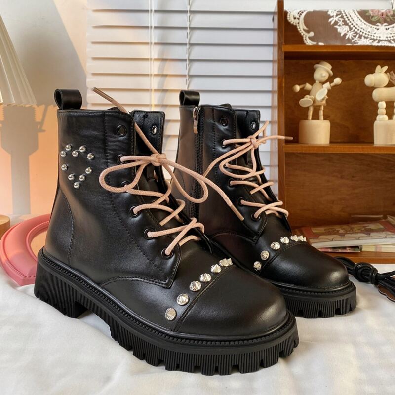 

Side Zip Lace Up Front Boots, Black