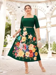 SHEIN Vestido con estampado floral de cuello cuadrado sin con cadena - Multicolor - Ver 1