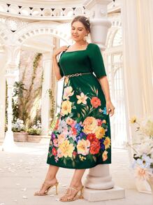 SHEIN Vestido con estampado floral de cuello cuadrado sin con cadena - Multicolor - Ver 3