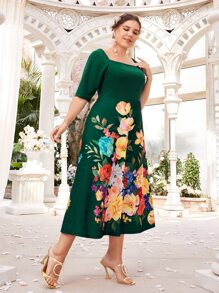 SHEIN Vestido con estampado floral de cuello cuadrado sin con cadena - Multicolor - Ver 4