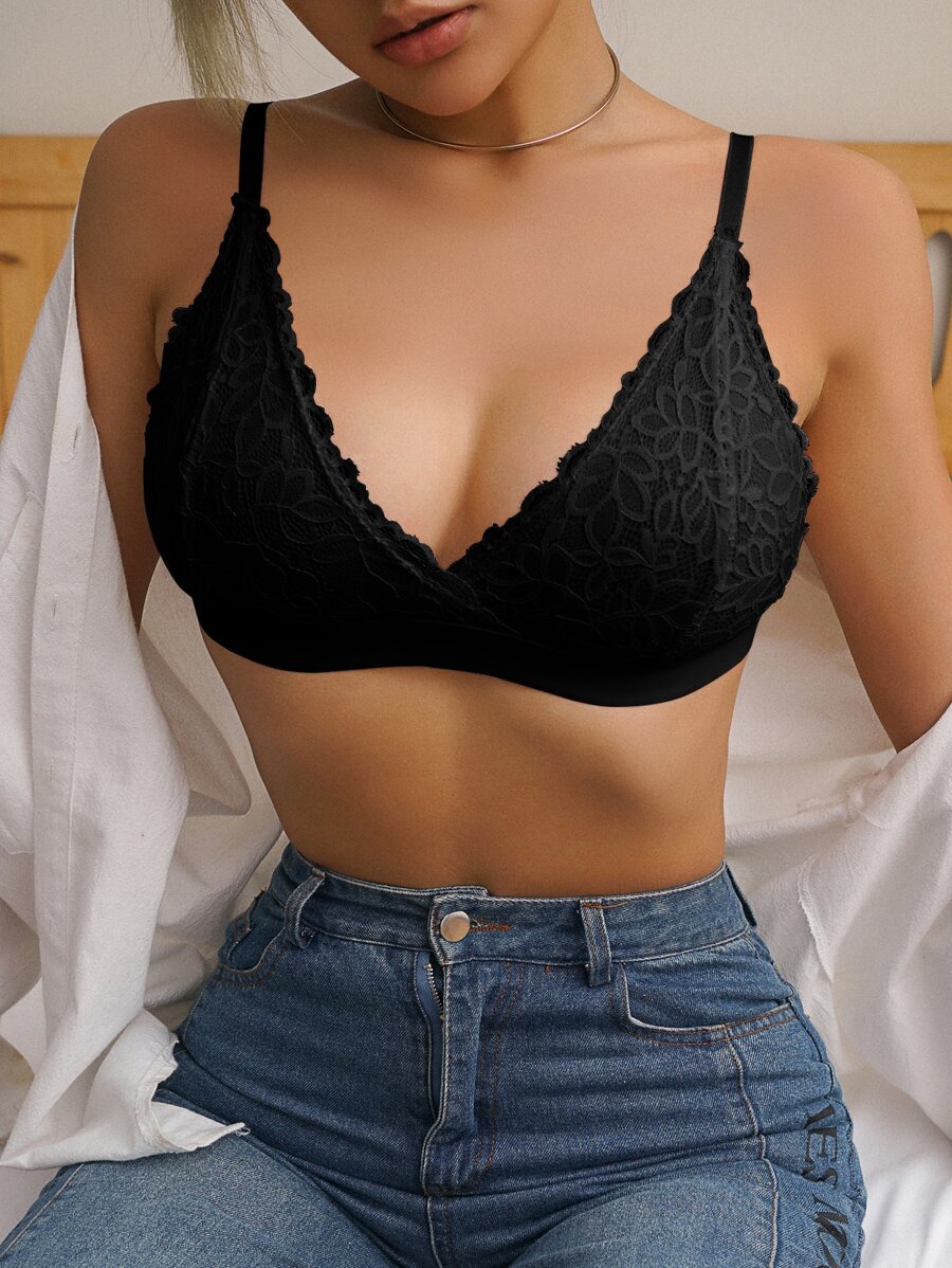 Floral Lace Bralet - Black - View 1