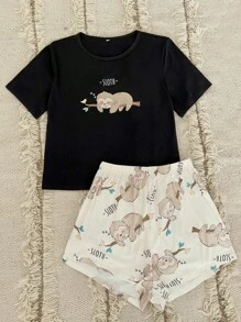 Snug Zone Cartoon Sloth And Letter Graphic PJ Set / Pajama Set - Multicolor - View 5