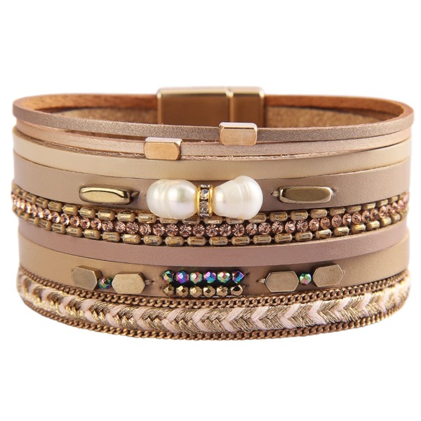 

PU Leather Layered Faux Pearl Decor Bracelet, Multicolor