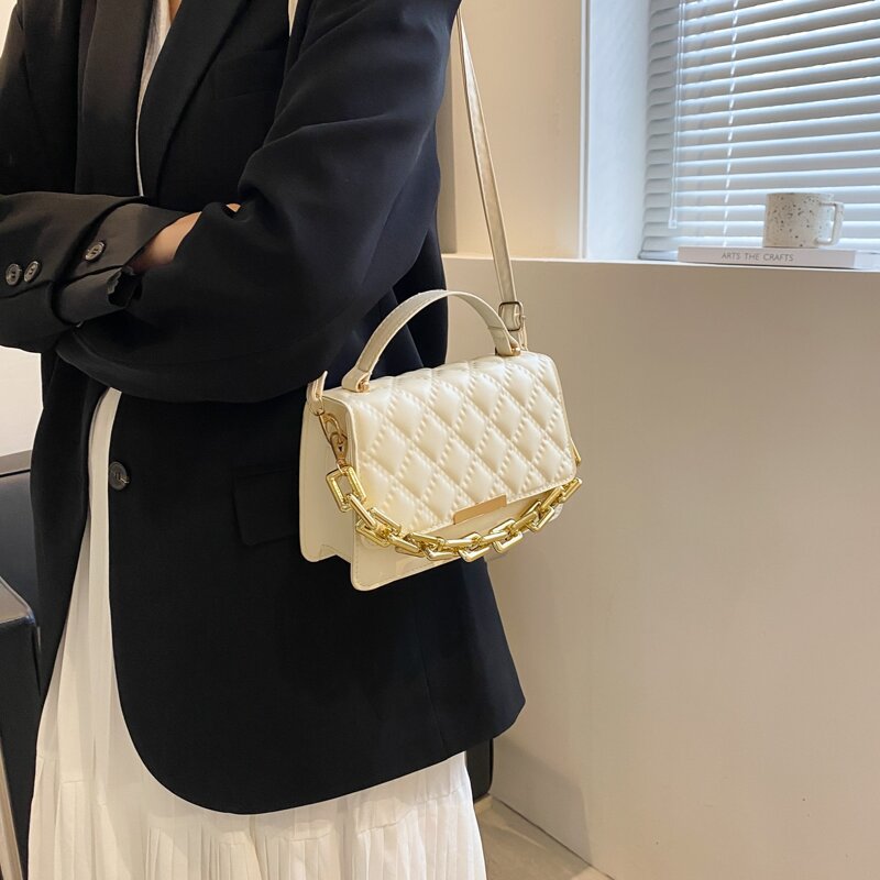 

Chain Decor Flap Satchel Bag, White