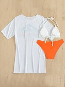 SHEIN Swim Summer Beach 3packs Plant Print Halter Bikini & Cover Up - White - View 6