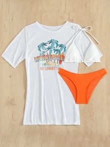 SHEIN Swim Summer Beach 3packs Plant Print Halter Bikini & Cover Up - White - View 3