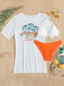SHEIN Swim Summer Beach 3packs Plant Print Halter Bikini & Cover Up - White - View 5
