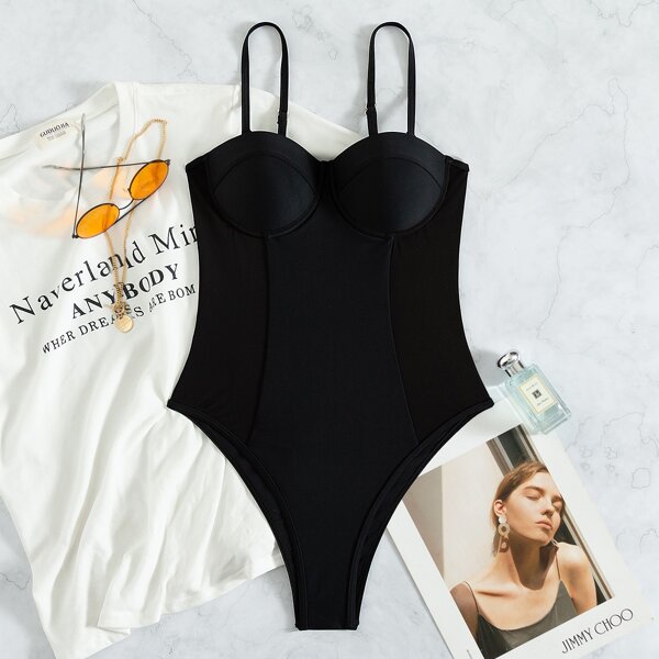 

Plain Contrast Mesh Push Up One Piece Swimsuit, Black