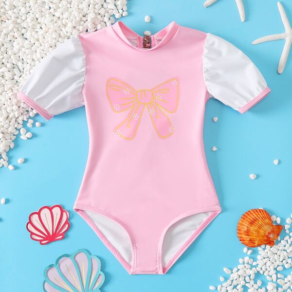 

Baby Girl Big Bow Print One Piece Swimsuit, Pink