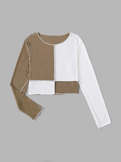 ROMWE Stitching Trim Colorblock Ribbed Crop Tee