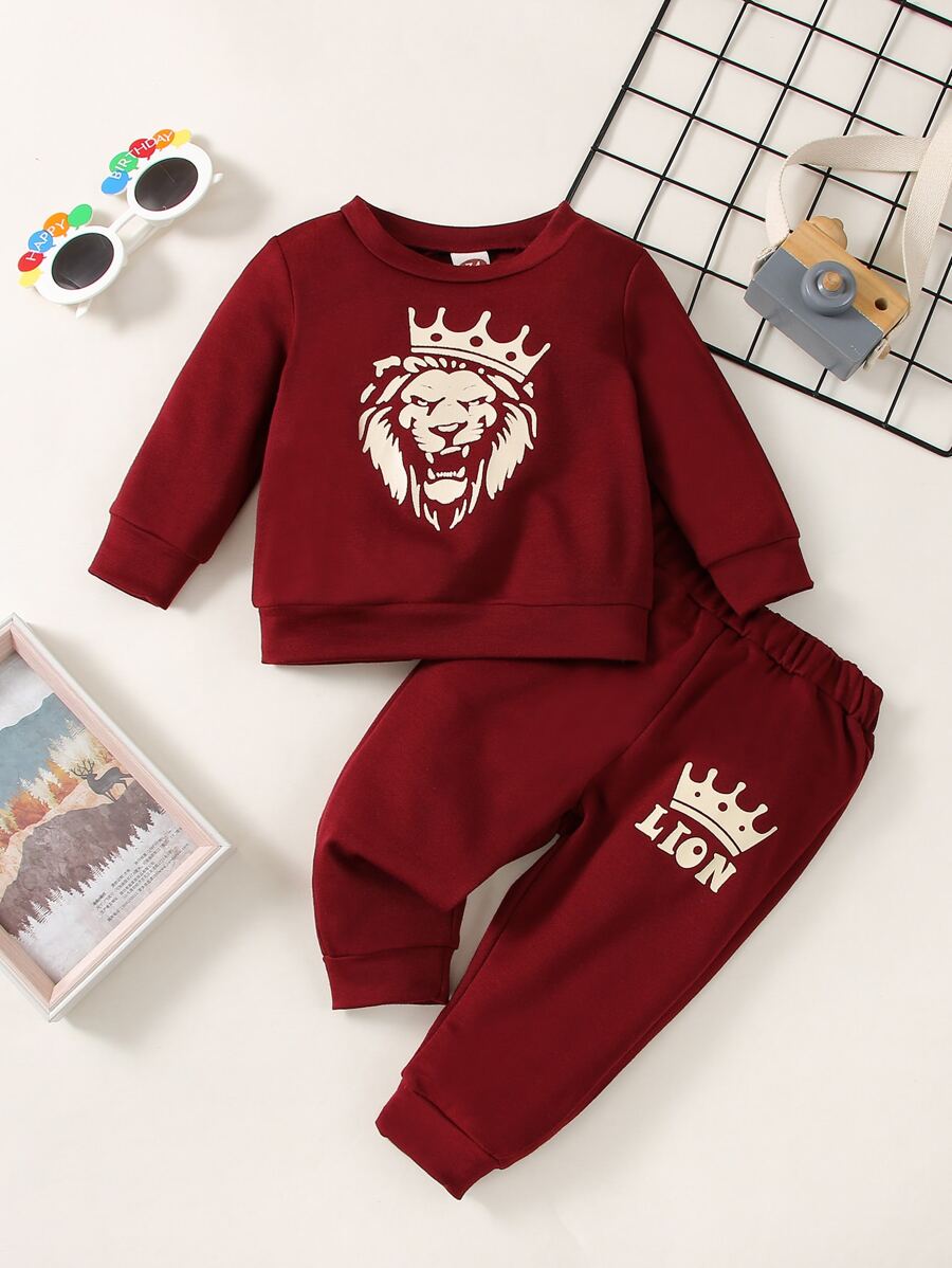 Baby Boy Lion And Crown Pullover & Joggers - Burgundy - View 1
