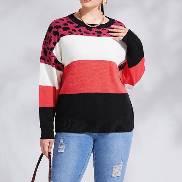 

Plus Dalmatian Pattern Color Block Drop Shoulder Sweater, Multicolor