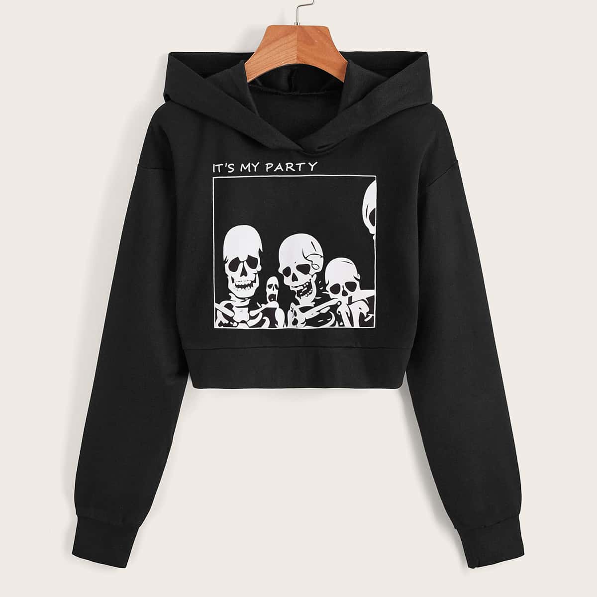 

Warming Softness Skeleton & Slogan Graphic Sports Hoodie, Black