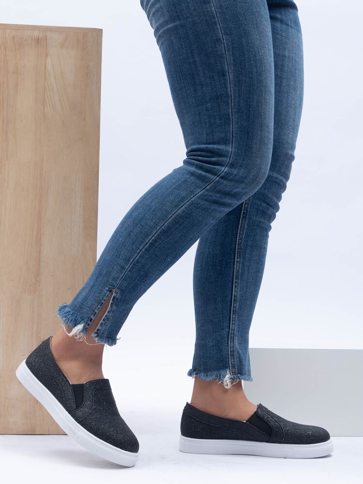 Glitter Slip On Sneakers - Black - View 1