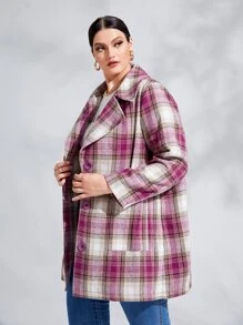 SHEIN Essnce Plus Tartan Dual Pocket Overcoat - Multicolor - View 3