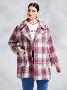 SHEIN Essnce Plus Tartan Dual Pocket Overcoat - Multicolor - View 1