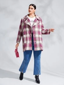 SHEIN Essnce Plus Tartan Dual Pocket Overcoat - Multicolor - View 4