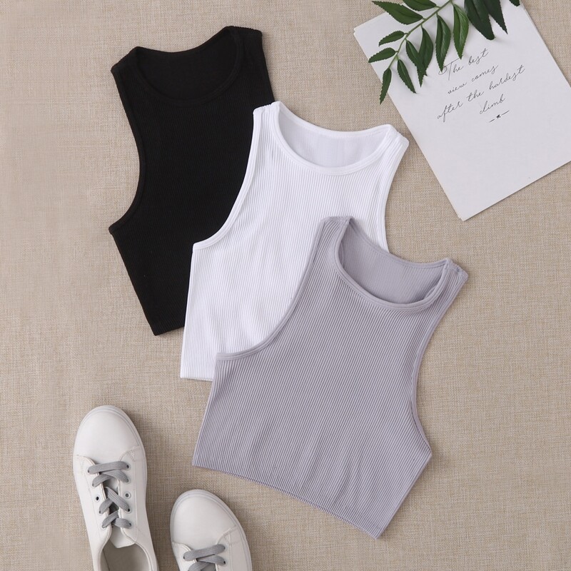 

3pcs Rib-knit Sports Tank Top, Multicolor