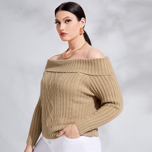 

Plus Off Shoulder Foldover Cable Knit Sweater, Khaki