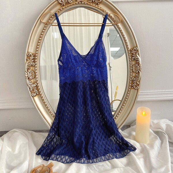 

Прозрачная сетчатая комбинация с кружевом без стрингов, Темно-синий