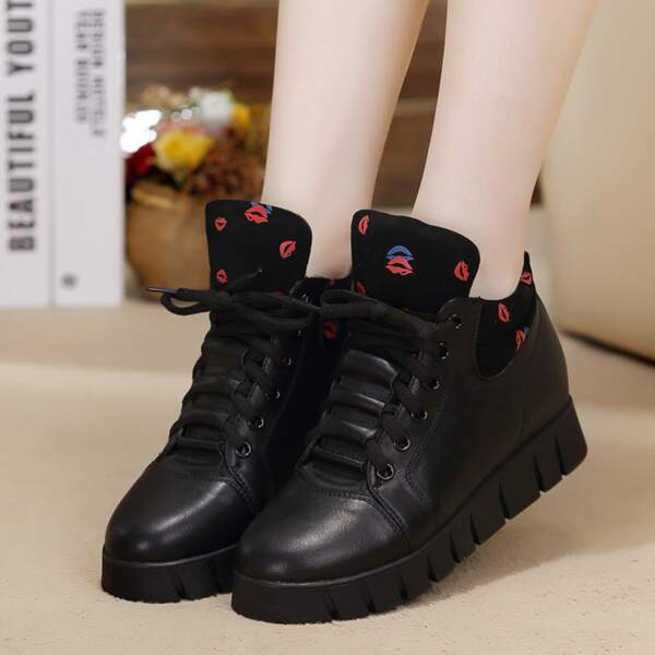 

Lip Graphic Lace-up Front Wedge Sneakers, Black