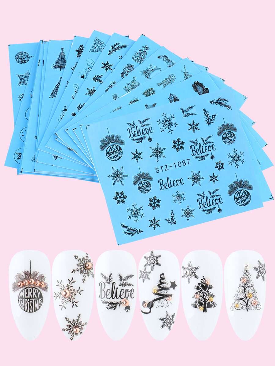 16sheets Christmas Pattern Sticker Nail Stickers DIY - Black - View 1