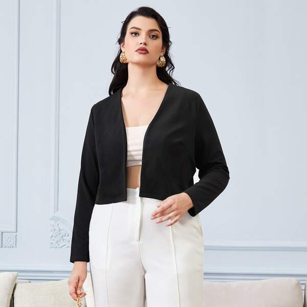 

Plus Solid Open Front Crop Blazer, Black
