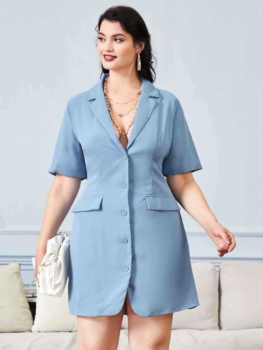 SHEIN Privé 大碼西裝領後背繫帶西裝連衣裙 - 霧霾藍 - 查看 1