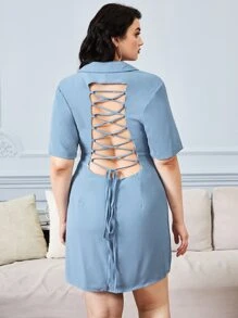 SHEIN Privé 大碼西裝領後背繫帶西裝連衣裙 - 霧霾藍 - 查看 2