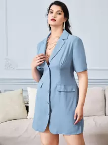 SHEIN Privé 大碼西裝領後背繫帶西裝連衣裙 - 霧霾藍 - 查看 4