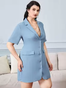 SHEIN Privé 大碼西裝領後背繫帶西裝連衣裙 - 霧霾藍 - 查看 5