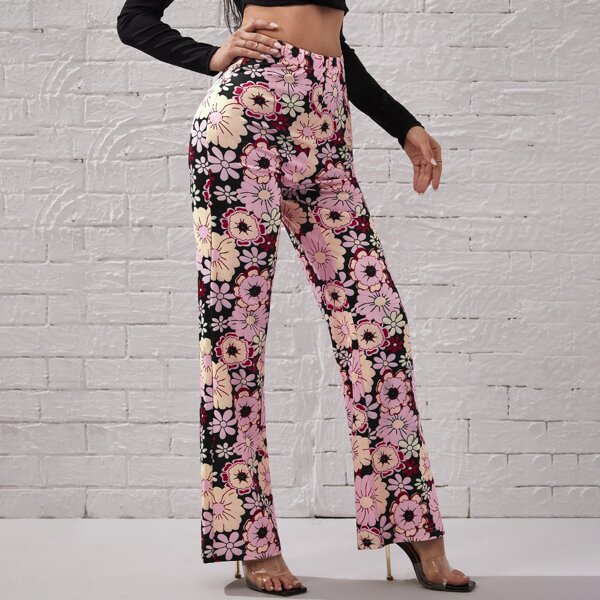 

High Waist Floral Print Flare Leg Pants, Multicolor