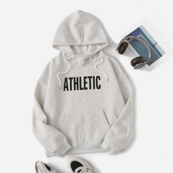 

Letter Graphic Drop Shoulder Drawstring Thermal Hoodie, Light grey