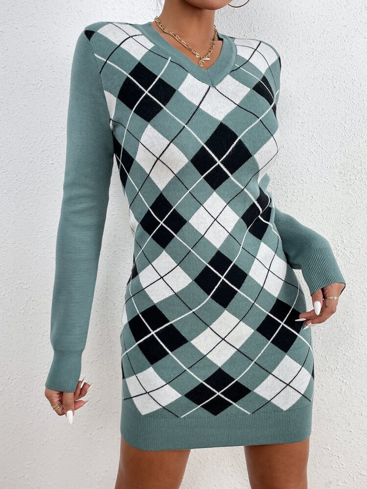 Argyle Pattern Bodycon Jumper Dress - Multicolor - View 1