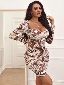 SHEIN SXY Vestido ajustado con estampado de mármol fruncido escote corazón - Multicolor - Ver 5
