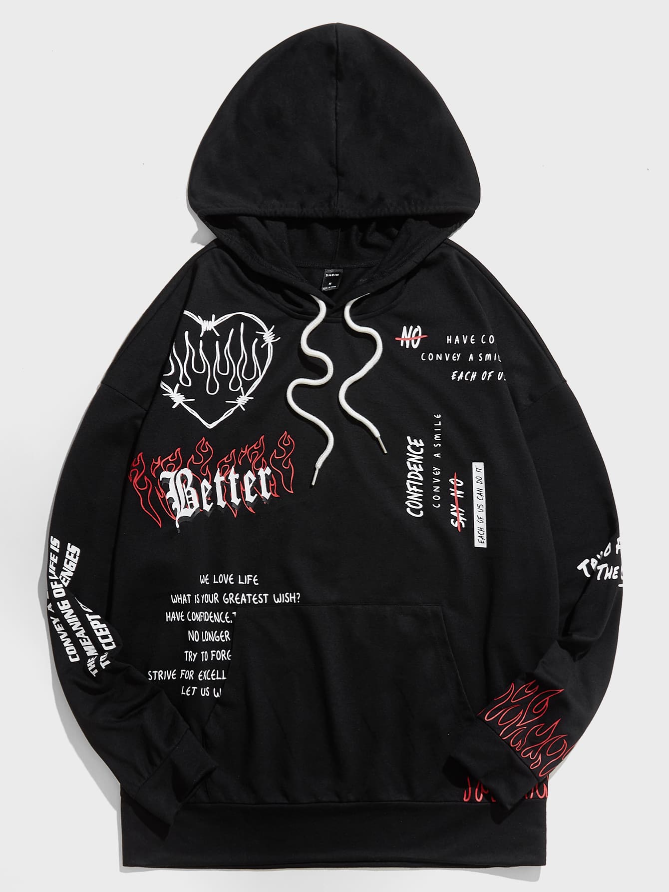 Manfinity RebelGame Loose Men's Fire And Slogan Graphic Kangaroo Pocket Drawstring Hoodie - Black - View 1