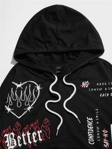 Manfinity RebelGame Loose Men's Fire And Slogan Graphic Kangaroo Pocket Drawstring Hoodie - Black - View 3