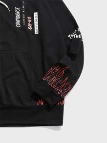 Manfinity RebelGame Loose Men's Fire And Slogan Graphic Kangaroo Pocket Drawstring Hoodie - Black - View 4