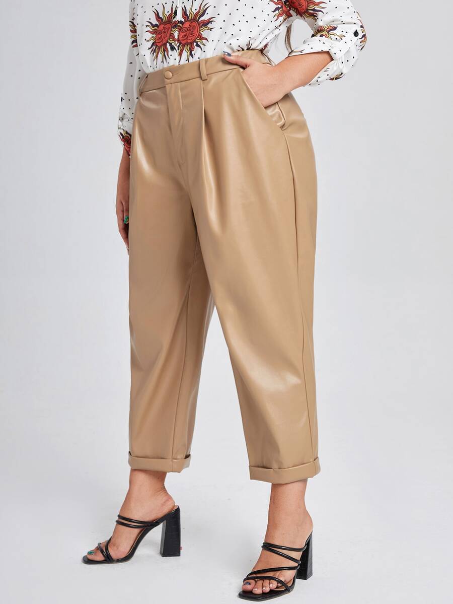 SHEIN 大碼高腰PU皮革長褲 - 卡其色 - 查看 1