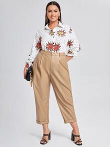 SHEIN 大碼高腰PU皮革長褲 - 卡其色 - 查看 5