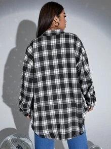 SHEIN Unity Plus Drop Shoulder Plaid Shirt - Black and White - View 2