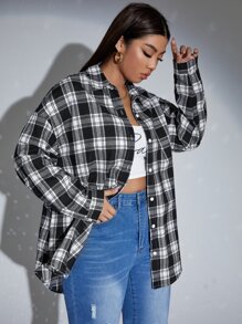 SHEIN Unity Plus Drop Shoulder Plaid Shirt - Black and White - View 4