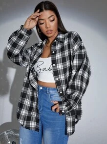 SHEIN Unity Plus Drop Shoulder Plaid Shirt - Black and White - View 5