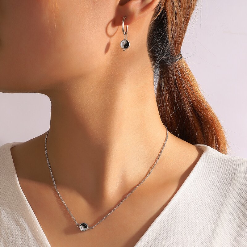 

Yin & Yang Decor Chain Necklace & Earrings, Silver