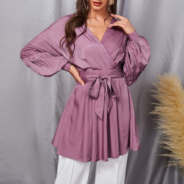 

Lantern Sleeve Overlap Collar Belted Blouse, Mauve purple