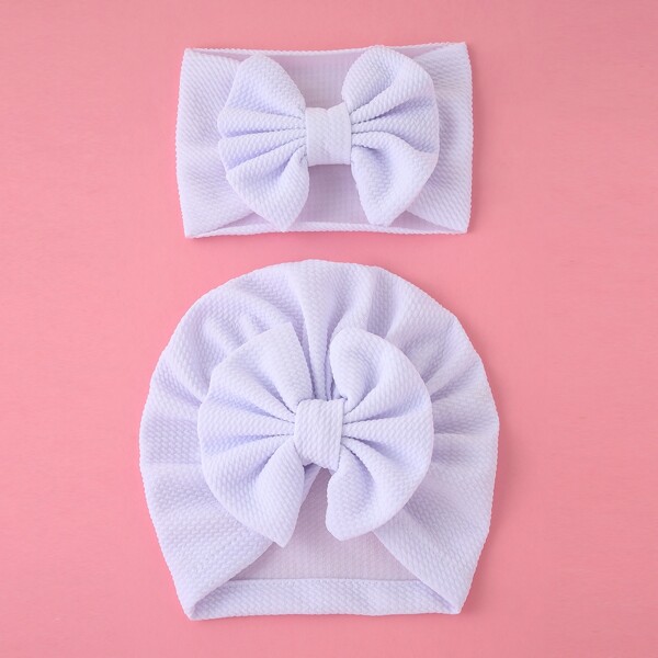 

2pcs Baby Bow Decor Hat & Headband, White