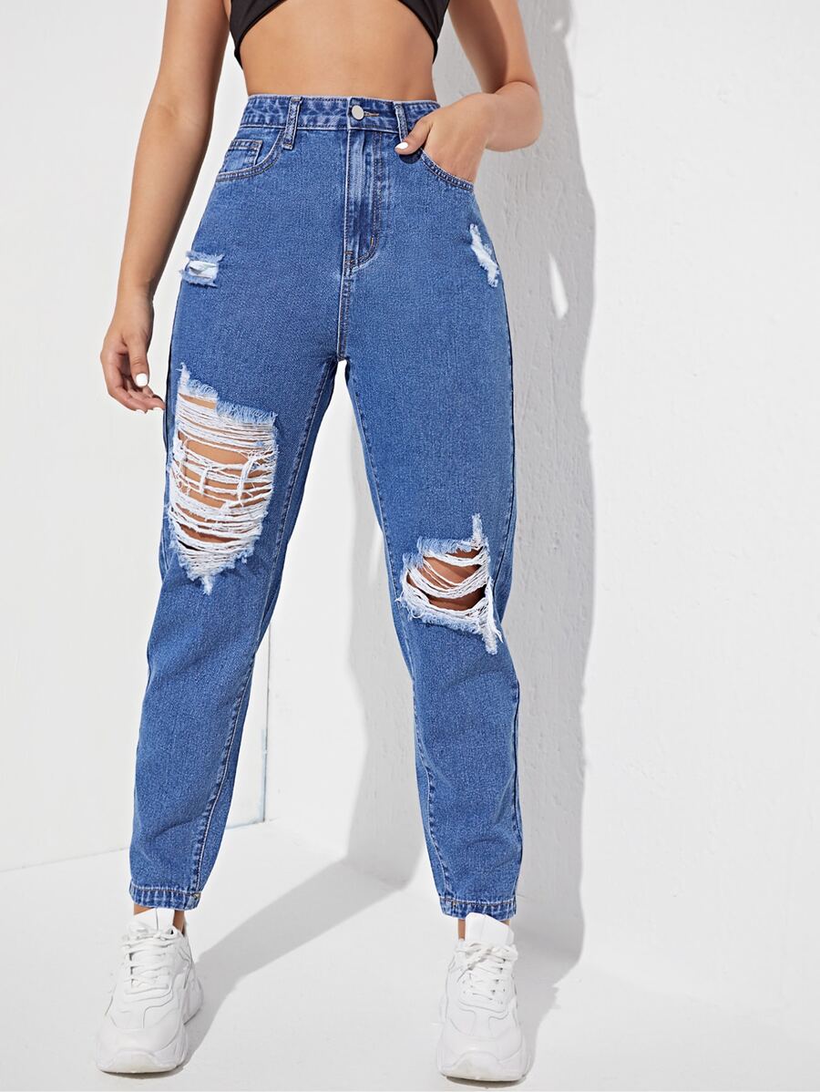 高腰破洞牛仔褲